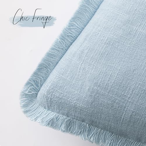 Decorative Linen Fringe Throw Pillow Covers 24×24 Light Blue (2 Count)
