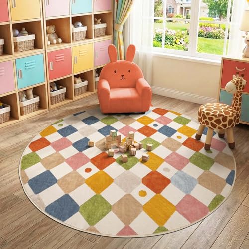 6ft Kids Round Rug Washable Colorful Checkered Classroom Rug (28.27 Sq Ft)