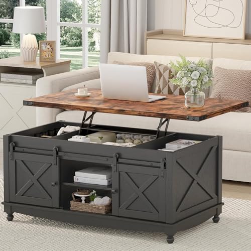48" Farmhouse Lift Top Coffee Table with Storage Sliding Barn Door & Large Hidden Compartment