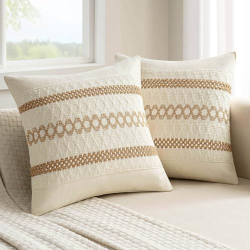 Set of 2 Neutral Boho Decorative Pillow Covers 16x16 Inch (2 Count)