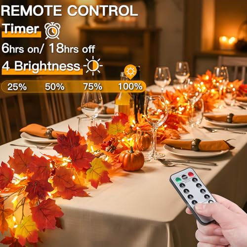 20 LED Fall Leaves Garland with Lights Battery Operated Timer Orange