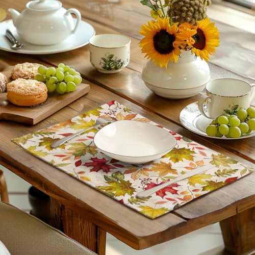 Fall Maple Leaves Placemats Set of 4 12x18 Inch Thanksgiving Autumn Colorful Leaf Dining Table Mats Rustic Seasonal Farmhouse Place Mats for Kitchen Party Home Decoration (4 Count)