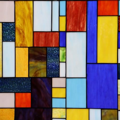 Geometric Color Block Tiffany Style Stained Glass Window Panel with Hanging Chain