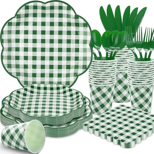 175 Pcs Green Gingham Plates and Napkins Party Supplies