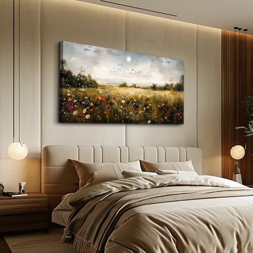 Large Wall Art Living Room Wall Decor for Bedroom Wildflower Field Vintage Wall Art Canvas Prints Paintings Farmhouse Artworks Pictures Modern Aesthetic Home Wall Decoration Ready To Hang