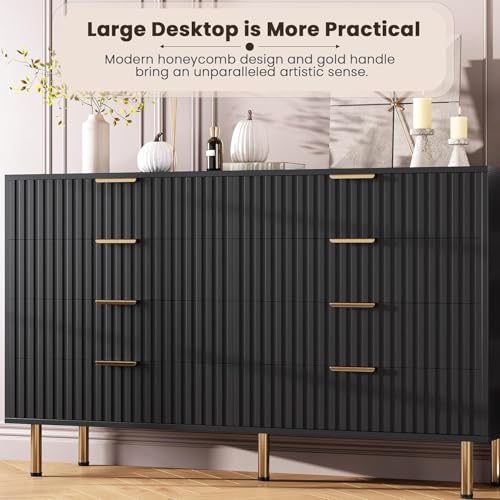 55" Fluted Black 8 Drawer Dresser for Bedroom with Deep Drawers