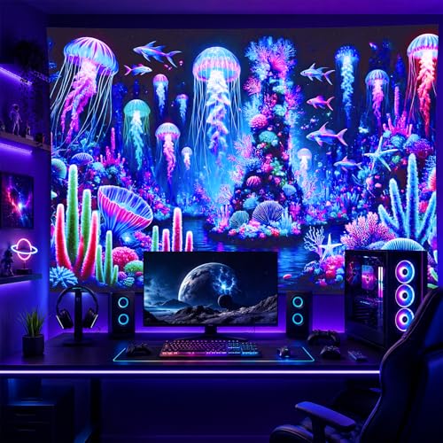 Blacklight Tapestry Jellyfish Ocean Decor 78x59 Inch