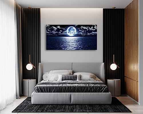 S06998 Wall Art Canvas Prints Moon Sea Ocean Landscape 1 Panels Full Moon in Cloud Pictures Paintings Stretched and Framed for Living Room Bedroom Kicthen Office Artwork