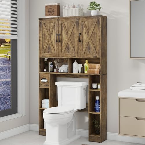 Over The Toilet Storage Cabinet with 3 Barn Doors.Brown