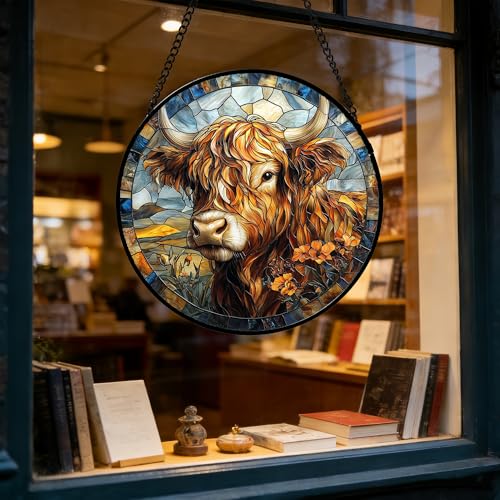 Scottish Highland Cow Stained Glass Window Hanging Suncatcher Gifts 6.3"