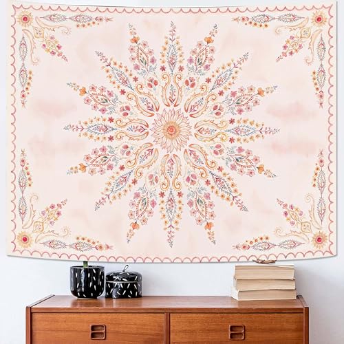 Boho Floral Mandala Tapestry for Bedroom Aesthetic Pink Bohemian Flower Wall Tapestry Watercolor Hippie Indian Tapestries Wall Hanging for Living Room Dorm Decor 60 x 44 Inch