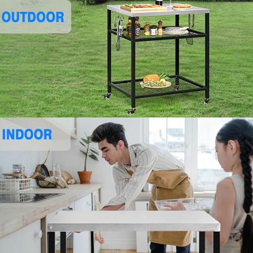 Stainless Steel Outdoor Grill Cart Pizza Oven Stand Trolley Table with Wheels Three