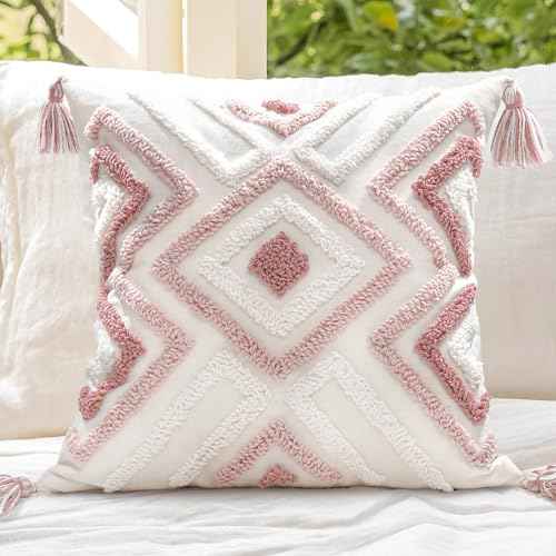 Boho Pillow Covers 18X18 Inch Boho Tufted Throw Pillow Covers Decorative Tassels Cushion Cover Farmhouse Pillow Case for Couch Sofa Bed Living Room Bedroom