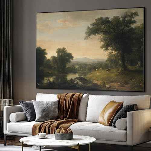 36"x46" Extra Large Framed Wall Art Classic River Valley Landscape Vintage Style Countryside Illustration for Home Living Room Bedroom Decor