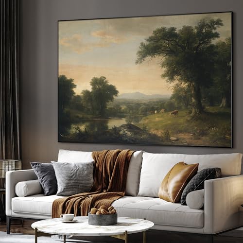46"x60" Extra Large Framed Wall Art Classic River Valley Landscape Vintage Style Countryside Illustration for Home Living Room Bedroom Decor