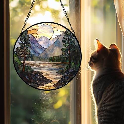 Mountain Lake Stained Glass Window Hanging Suncatcher Gifts for Women 15"