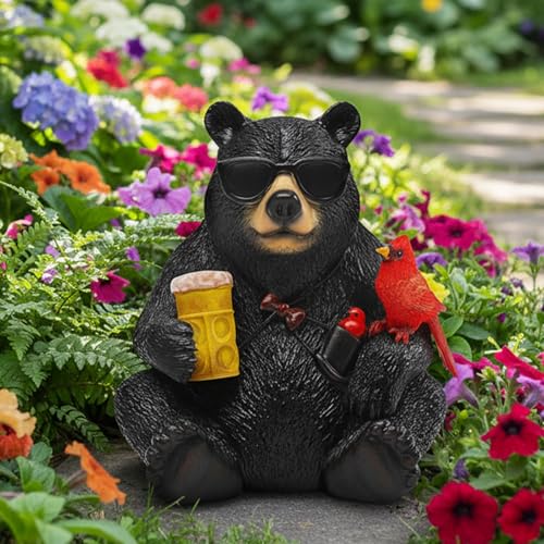 Solar Black Bear Statue for Garden with Beer and Cardinals