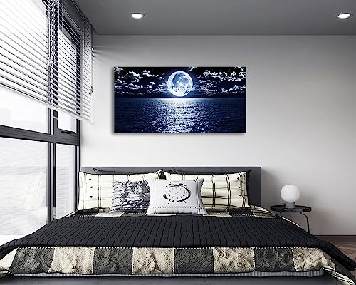 S06975 Wall Art Canvas Prints Moon Sea Ocean Landscape 1 Panels Full Moon in Cloud Pictures Paintings Stretched and Framed for Living Room Bedroom Kicthen Office Artwork 30x60inch