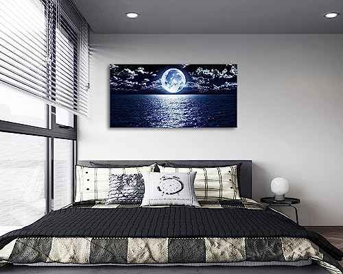 S06998 Wall Art Canvas Prints Moon Sea Ocean Landscape 1 Panels Full Moon in Cloud Pictures Paintings Stretched and Framed for Living Room Bedroom Kicthen Office Artwork