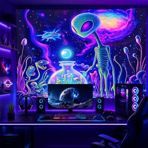 Blacklight Tapestry Alien UFO Wall Hanging 78 x 59 Inch