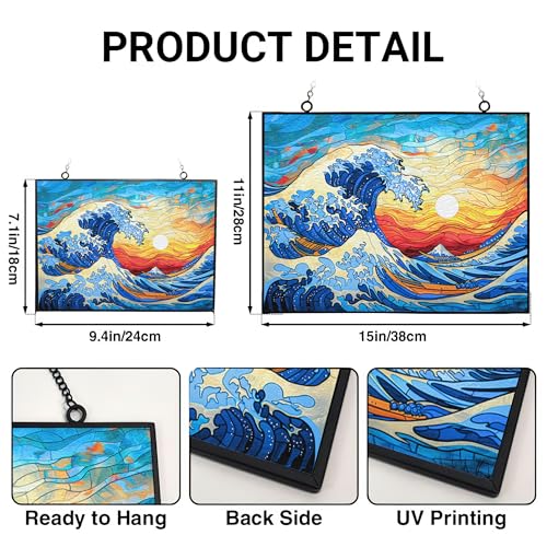 Rectangle Ocean Wave Stained Glass Suncatcher 4 Season Colorful Window Wall Ornament Hand
