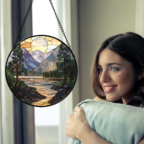 Mountain Lake Stained Glass Window Hanging Suncatcher Gifts for Women 6.3"