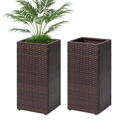 Set of 2 Tall Planters for Outdoor Plants Handmade 24'' Wicker Tall Square Planter Box with Removable Liners Modern Planter for Indoor Outdoor Garden Patio Front Porch (2 Count)
