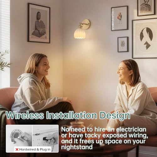 Vintage Battery Operated Wall Sconce with White Tulip Glass Lampshade Rechargeable Battery Powered Wall Light with Remote Control for Bedside Bedroom Doorway (2 Count)