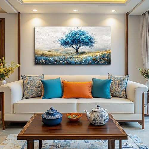 Large Canvas Wall Art For Living Room Wall Decoration For Bedroom Blue Tree Landscape Painting Office Farmhouse Printing Wall Pictures Artwork Restaurant Home Decor Ready To Hang 20x40 In