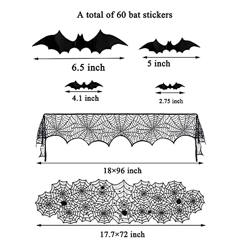 4 Pack Halloween Decorations Tablecloth Runner Black Lace Round Spider Cobweb Table Cover Fireplace Mantel Scarf Spiderweb with 60 Pcs 3D PVC Scary Black Bat Sticker Halloween Party Supplies (63 Count)