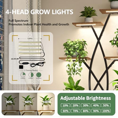 9 Tier 66" Tall Plant Stand with Grow Lights for Indoor Plants（White）