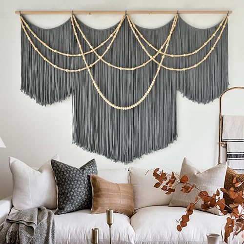 Large Macrame Wall Hanging Grey Boho Wall Art Beaded Decor 57"W*39"L