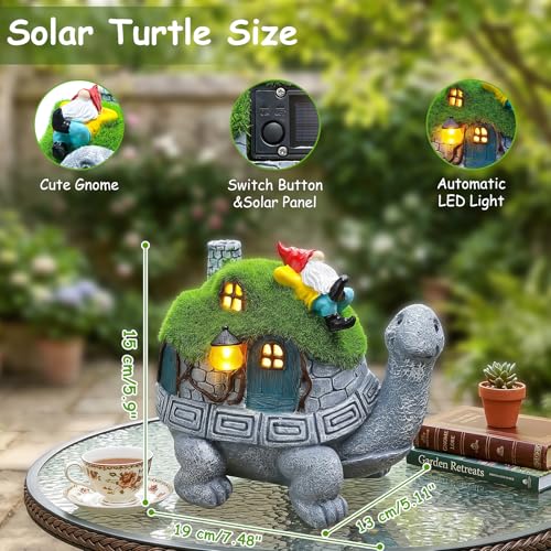 Solar Turtle Garden Statue Lights with Rooftop Lawn Gnome Solar Garden Decor for Outside Yard Balcony Patio Lawn Ornament Home Decor Gifts for Mom Grandma