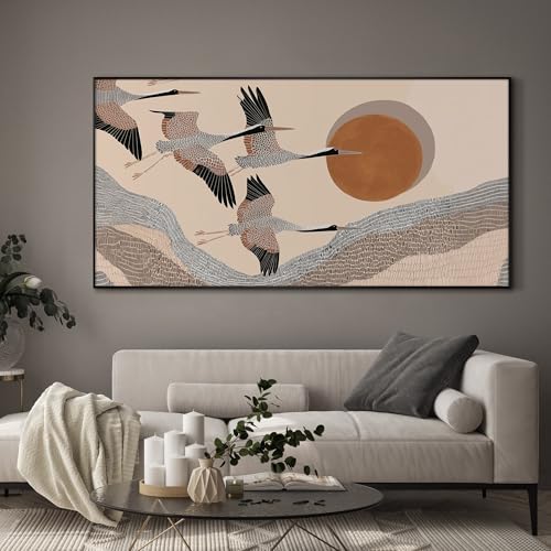 24"x46" Extra Large Framed Wall Art Flying Cranes Over Sunlit Hills Illustration for Home Living Room Bedroom Decor