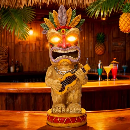 Solar Tiki Garden Statue with LED Eyes Outdoor Resin Ukulele Player Yard Decor Solar Light Hawaiian Style Lawn Ornament for Patio Porch Tiki Bar Decor Best Gift for Tiki Lovers