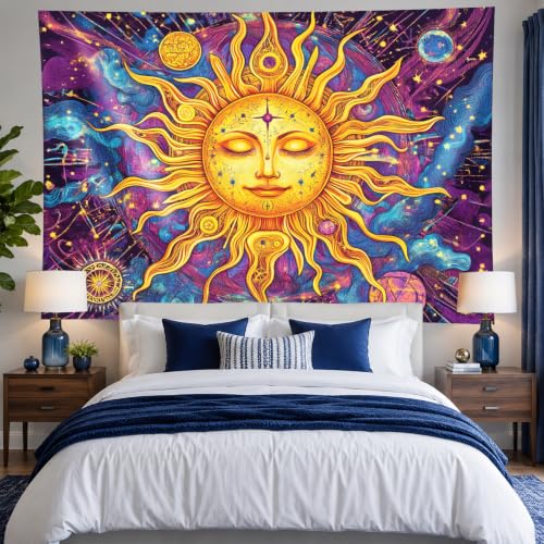 Blacklight Sun Tapestry 78 x 59 Inch Bohemian Dorm Decor