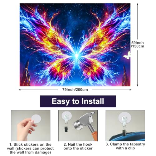 Blacklight Tapestry Butterfly Starry UV Backdrop 78 x 59 Inch
