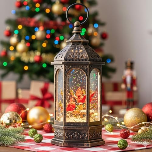 Christmas Snow Globe Lantern Water Glittering 10.5'' Cardinal with Music& Timer