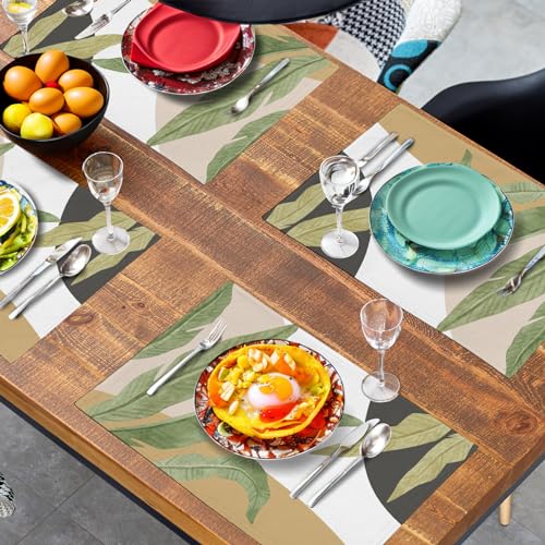 Tropical Palm Leaf Linen Placemats Set of 4 Summer Green Banana Leaves Themed Kitchen Place Mats Washable Non (4 Count)
