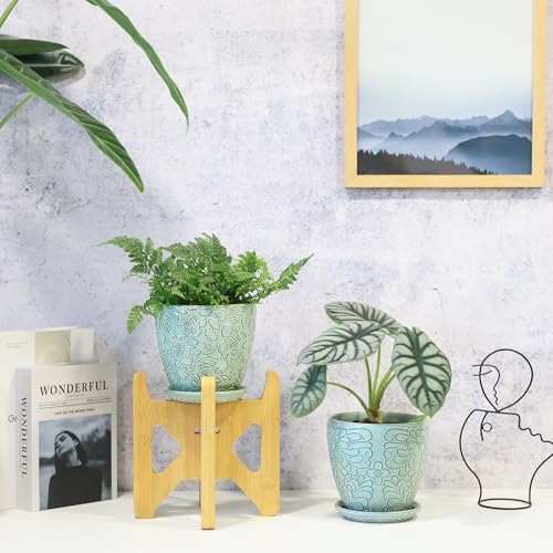 6 Inch Retro Ceramic Planter Set of 2 with Drainage Hole and Saucer for Plants