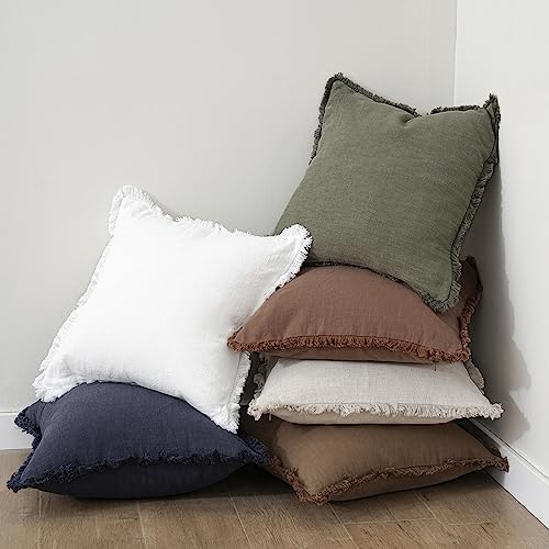 Decorative Linen Fringe Throw Pillow Covers 16×16 Olive Green (2 Count)