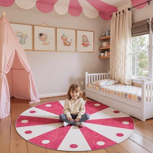 5ft Round Rug Washable Cute Playroom Cheerful Circle Rug Hot Pink (19.63 Sq Ft)
