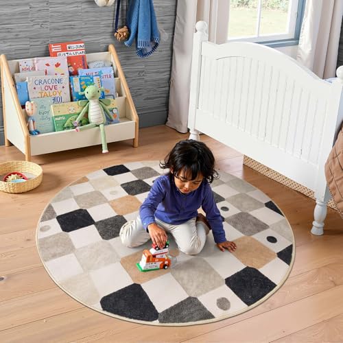 4ft Round Kids Rug Washable Playroom Rug Colorful Nursery Marble (12.57 Sq Ft)