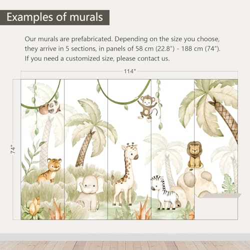 Safari Wallpaper Watercolor Animal Nursery wall murals for Kids Room 114"x74"