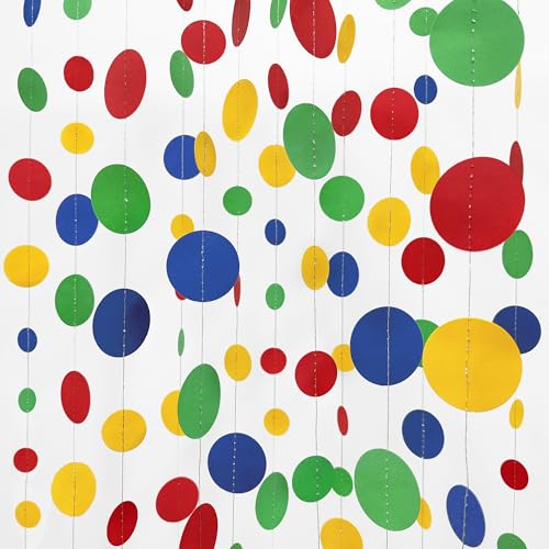 Mario Party Decorations Circle Dot Garland Red Blue Yellow Green Hanging Paper Polka Dot Streamer for Birthday Wedding Bridal Shower Carnival Circus Clown Fiesta Party Supplies