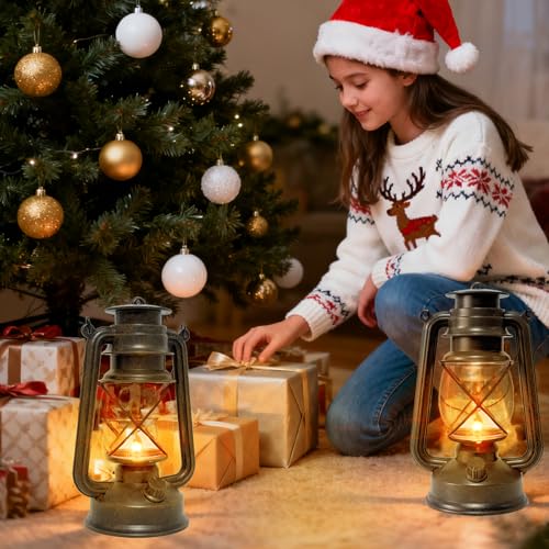 2 Pack LED Vintage Lantern Battery Powered Lanterns with Flame Wick Waterproof Camping Lamp Vintage LED Flame Lamp Hanging Lantern Lights Landscape Patio Garden Pathway Decor for Indoor (2 Count)