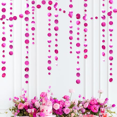 Hot Pink Party Decorations Circle Dots Garland Metallic Rose Pink Hanging Paper Polka Dots Streamer for Bachelorette Birthday Engagement Wedding Bridal Shower Anniversary Party Supplies