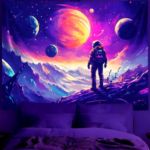 Blacklight Space Astronaut Tapestry UV Reactive Galaxy Planet Glow in Dark Tapestries Black Light Poster Neon Wall Hanging Art for bedroom Living Room