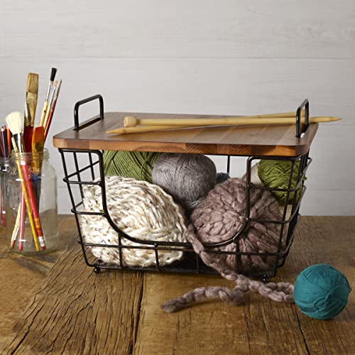 Madam Metal Stacking Nesting Rectangular Basket with Acacia Wood Lid