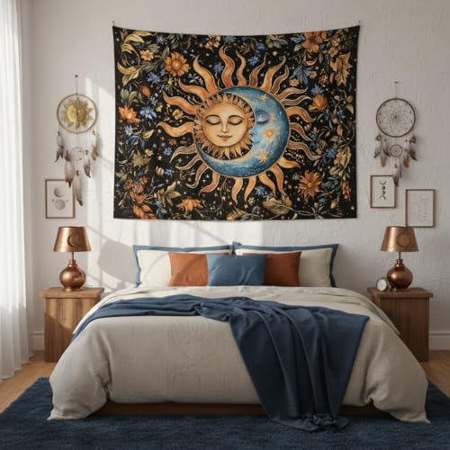 Sun and Moon Tapestry for Bedroom Boho Vintage Floral Hippie Wall Tapestry Aesthetic Retro Flower Plant Large Tapestries Wall Hanging for Living Room Dorm Decor 80 x 60 Inch